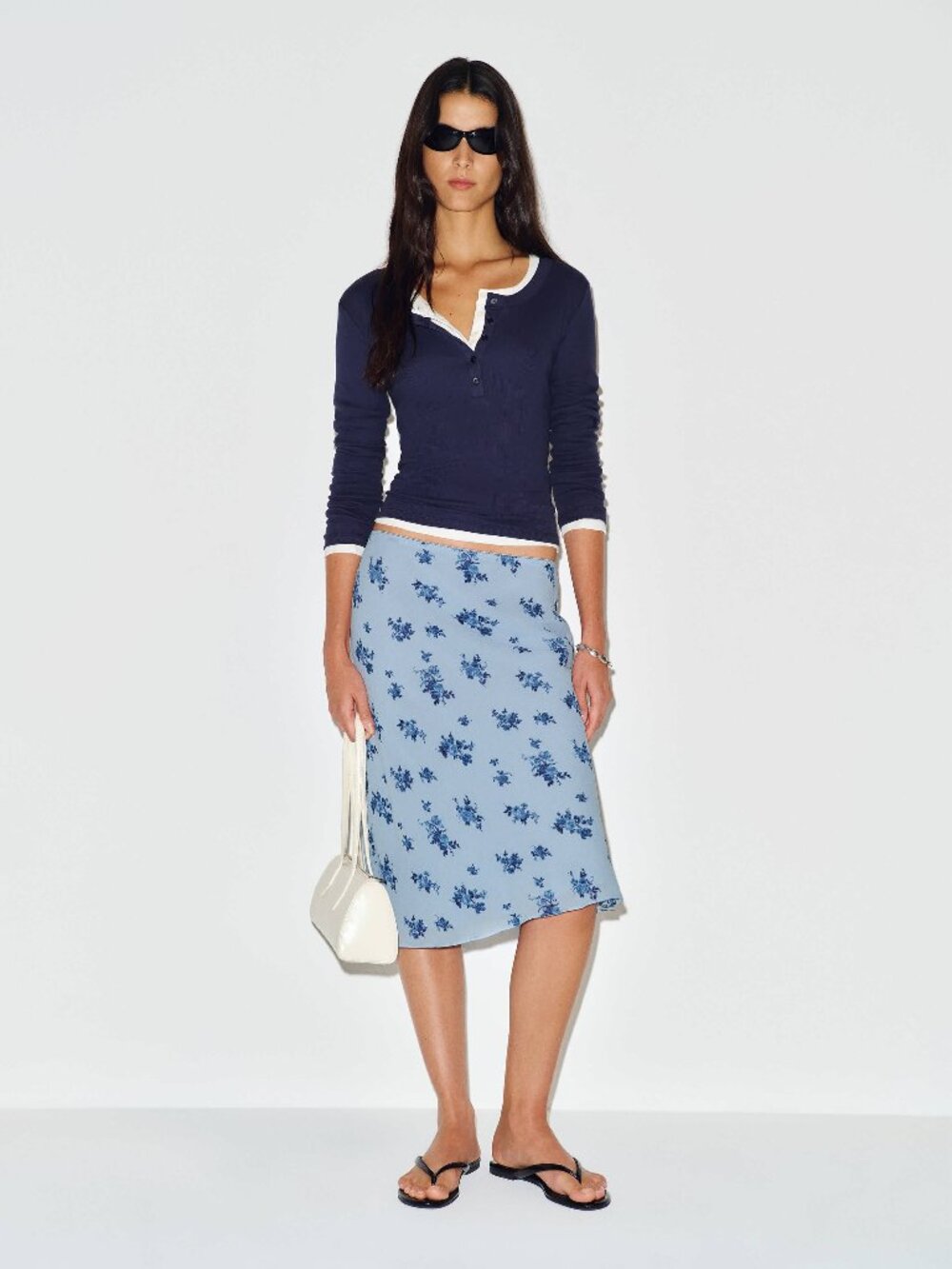 NWT Reformation Layla Knee Length Skirt in Christalline Blue Florals, size 10.